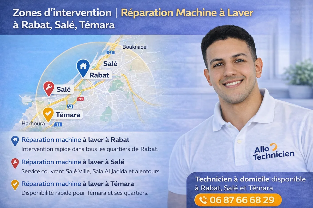 Zones d'intervention — Réparation machine à laver à Rabat, Salé, Temara — AMINE BALLA 06 87 66 68 29