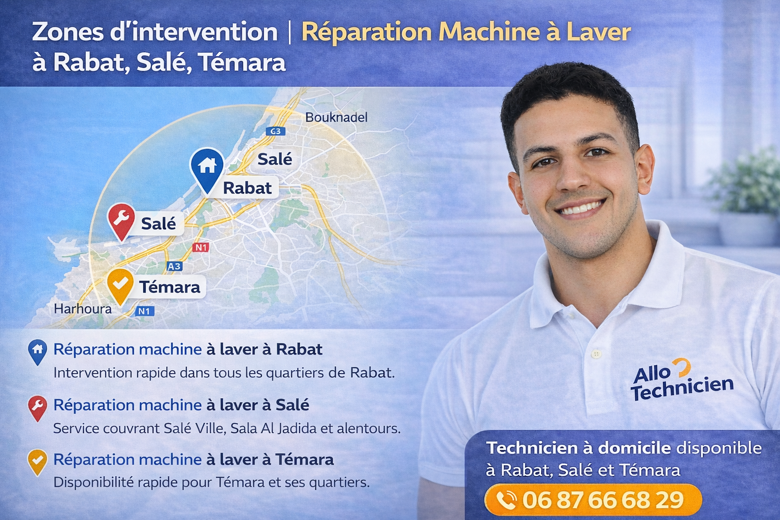 Zones d'intervention — Réparation machine à laver à Rabat, Salé, Temara — Technicien agréé Amine Balla 06 87 66 68 29